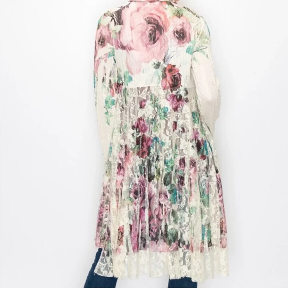 ORIGAMI SWEATER CARDIGAN DUSTER floral big rose lace boho western Size 2 XL - Picture 3 of 9